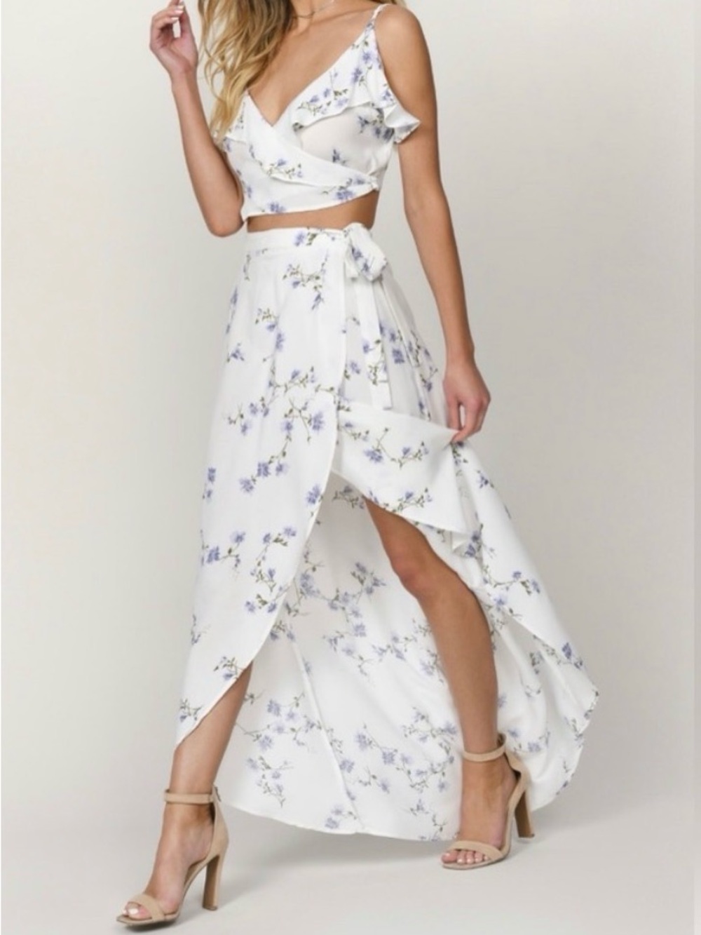 Tobi Elsa Floral High-Low Wrap Maxi Skirt & Top Set, Top: Small, Skirt: Med